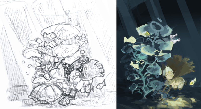 a pencil sketch and a loose color paintover of a skykid underwater, near a plant