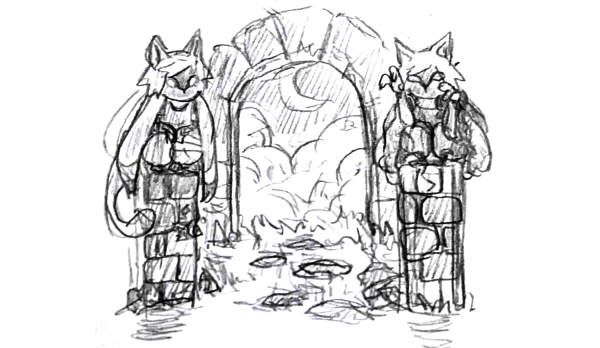 two weird cat kids sitting on pillars next to an arched doorway