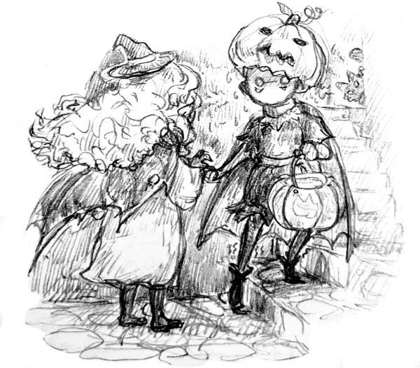 A witch kid and a Pumpkid kid go trick-or-treating